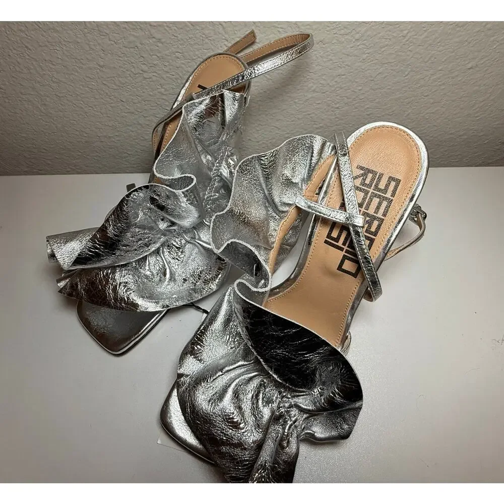 NWT Sergio Rossi Metallic Crinkled Leather Strappy Heel Silver 35-35.5 / US 5